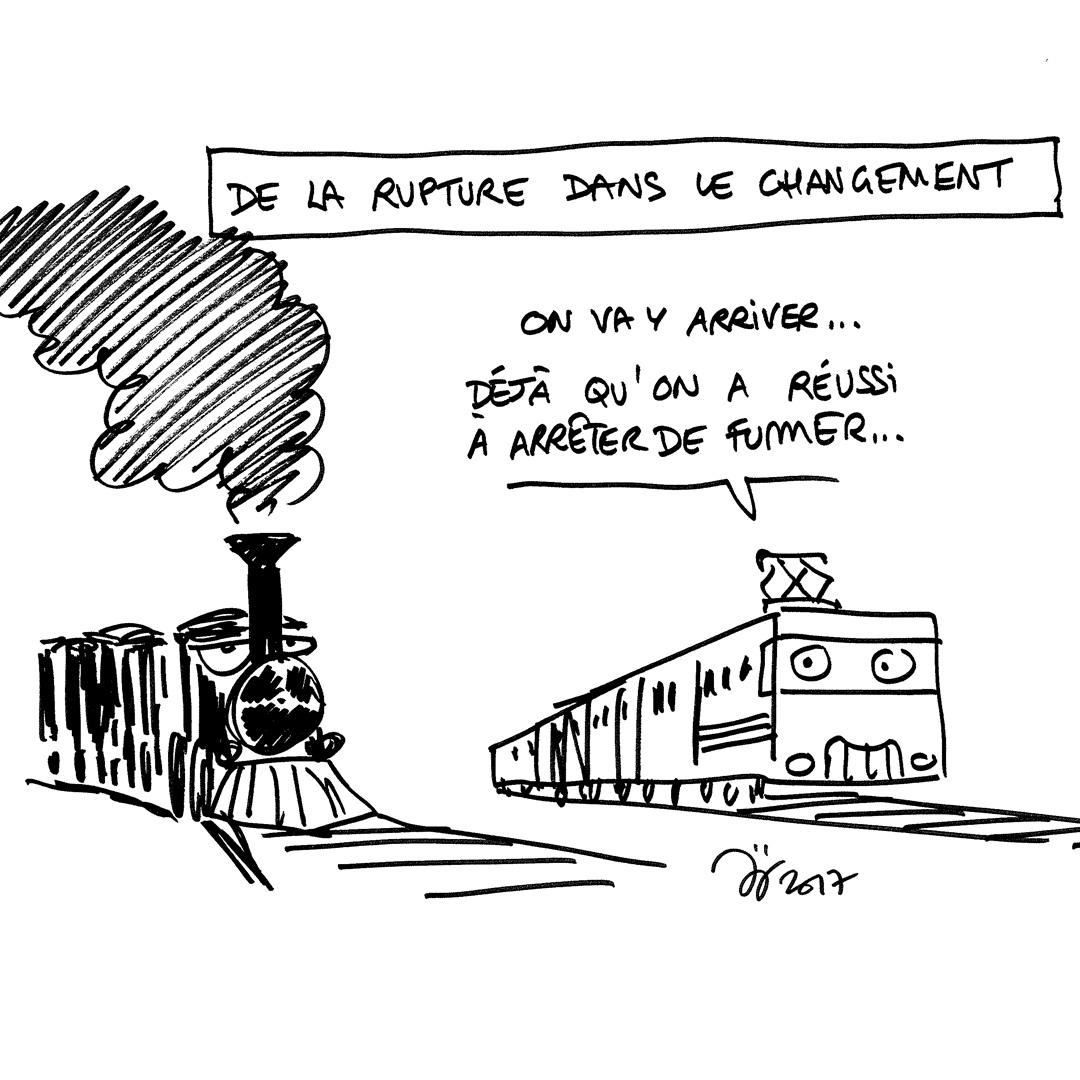 Dessin à destination des salariés de la SNCF avec un vieux train qui se fait dépasser par un nouveau