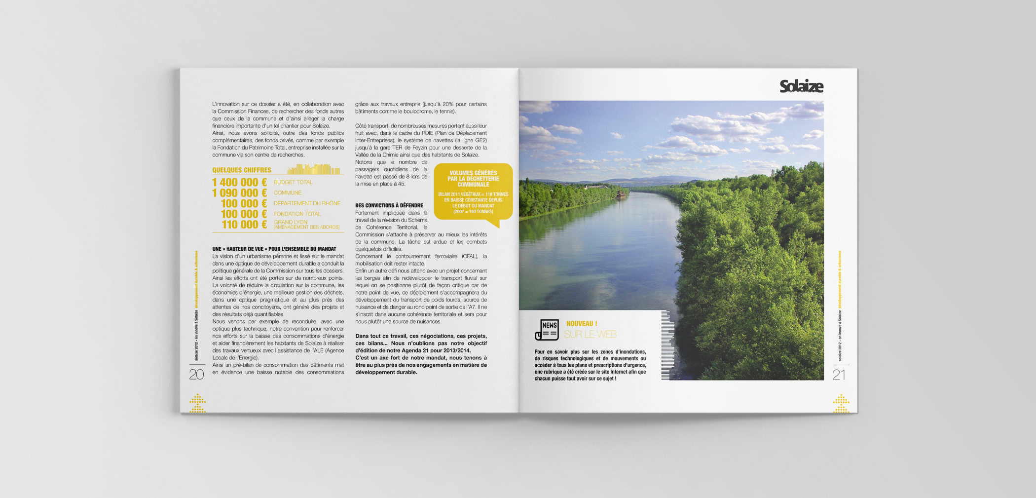 Intérieur des pages de la brochure municipale de Solaize avec une infographie et une photographie des bords de l'eau