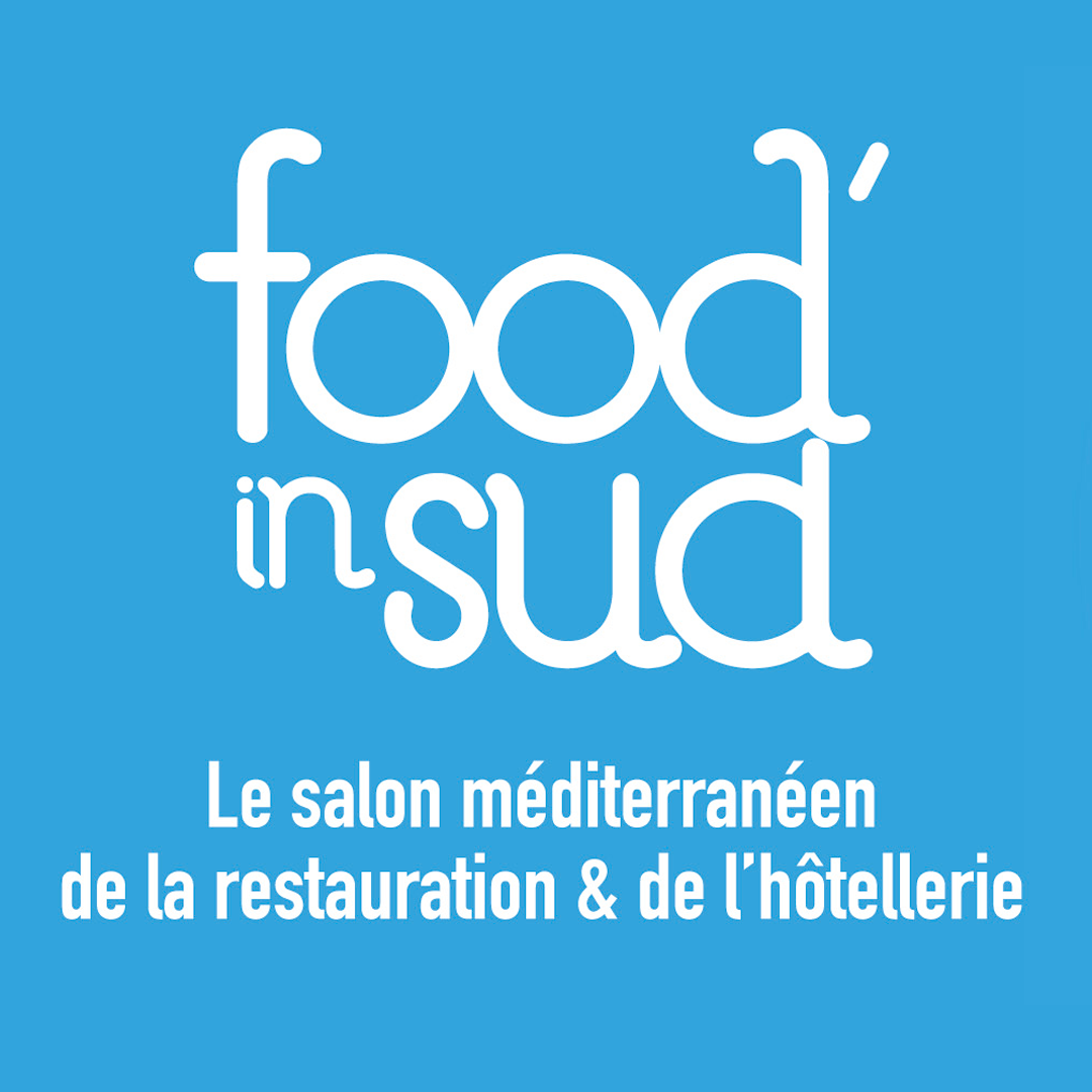 Logotype du salon Food In Sud sur fond bleu