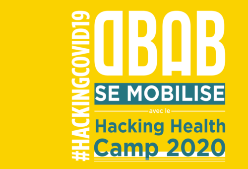 Mise en page chartée aux couleurs jaune et bleu de l'agence pour parler de notre mobilisation pour le hacking health camp