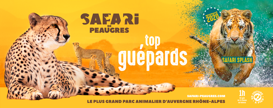 Bache de 12m² pour le safari de peaugres avec le logotype et la phrase d'accroche annonçant le lancement de la saison