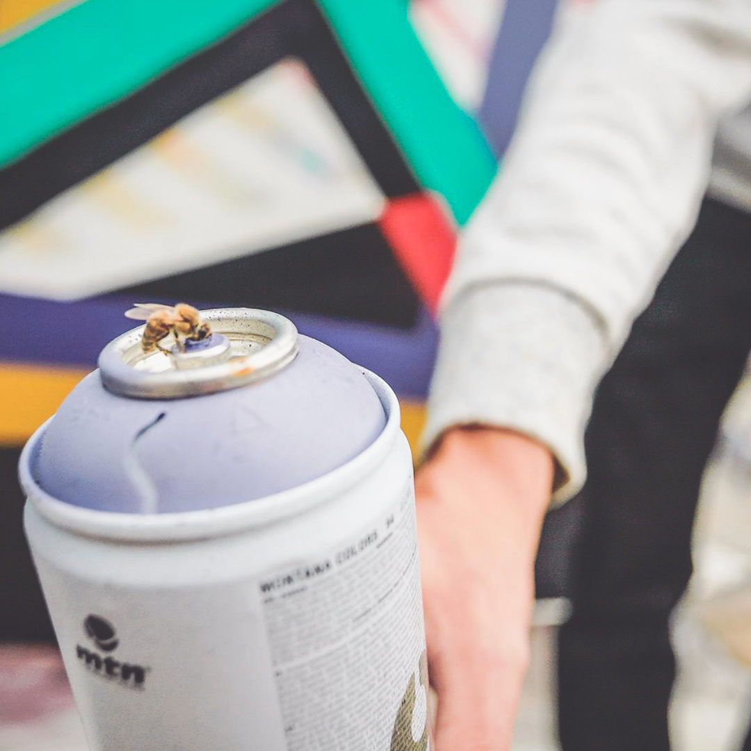 Gros plan sur une abeille en train de butiner la peinture sur une bombe de peinture violette tenue par un homme en pull gris