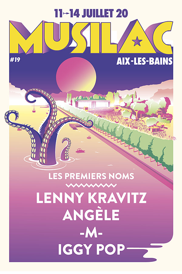 Affiche du festival Musilac 2020 avec fond violet des tentacules au milieu avec les noms des artistes présents