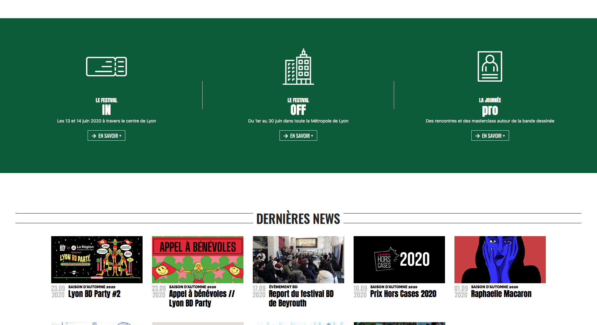 Screen du site internet de Lyon BD ouvert sur le header du site Lyon BD festival avec visibilité sur les actualités
