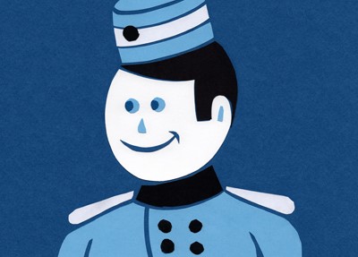 Visage de bonhomme dessiné en bleu avec une tenue de groom d'accueil dans les hotels anciens