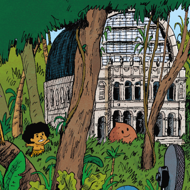 Dessin du Lyon BD Festival avec des personnes dans la Jungle avec l'opéra de Lyon en fond