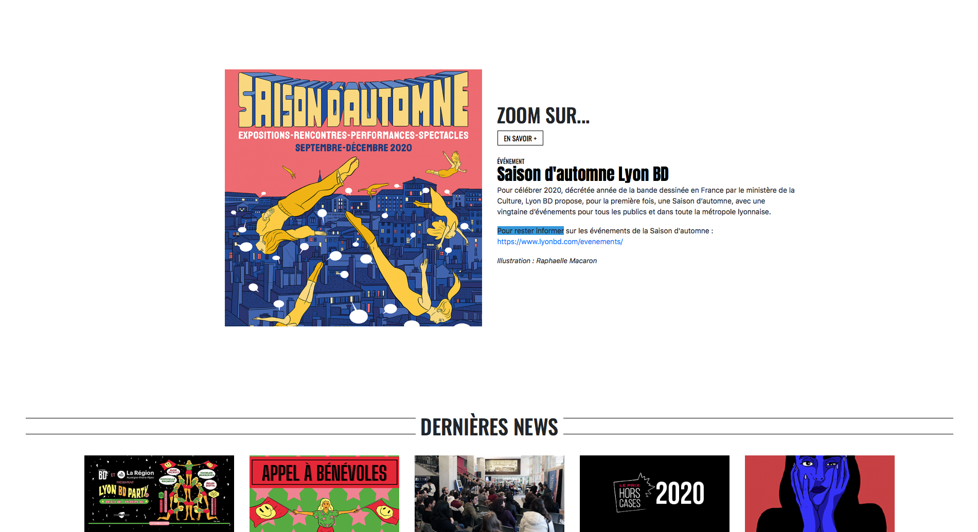 Site internet du Lyon BD festival avec défilement de la homepage