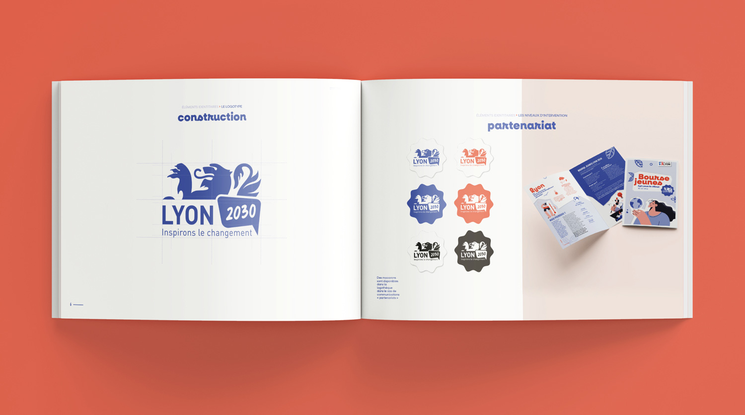 Charte graphique Lyon 2030 présentatant la construction du bloc marque et son utilisation dans le cadre de partenariat - Ville de Lyon